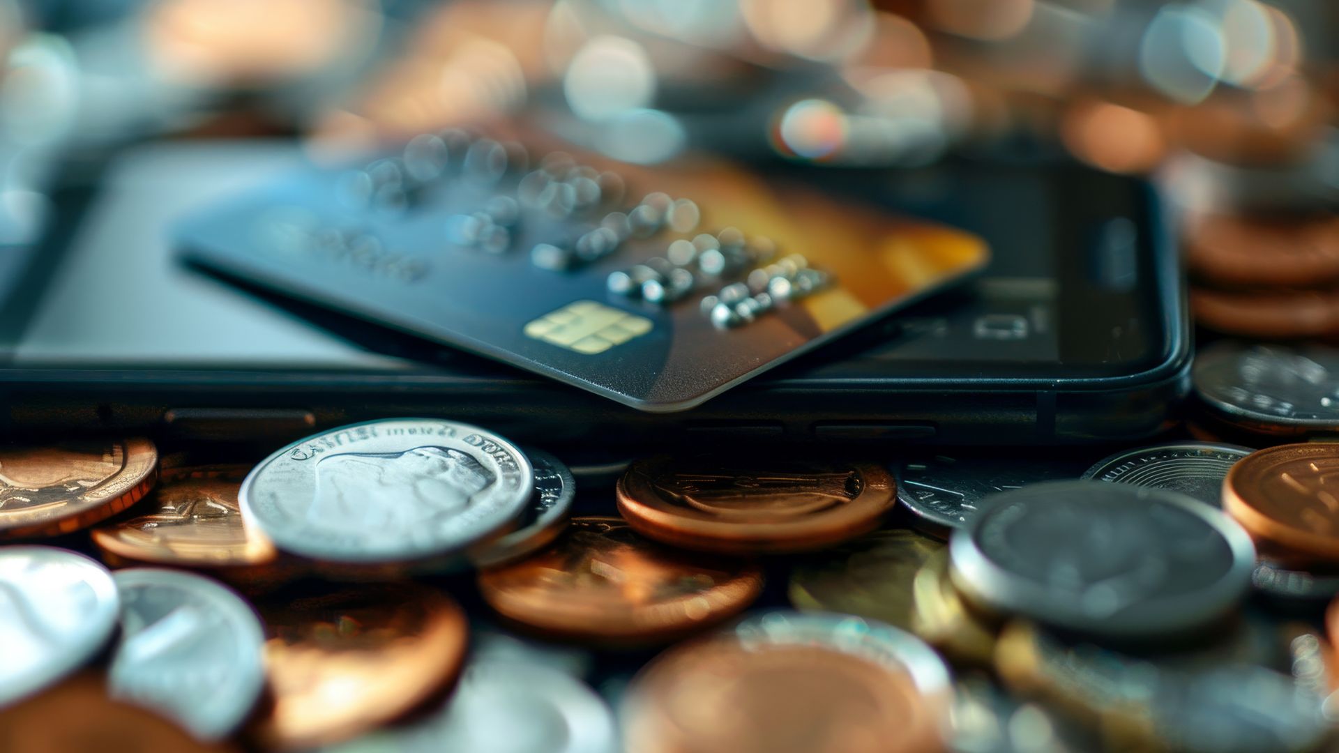 Coins on desk surrounding a payment card and mobile phone