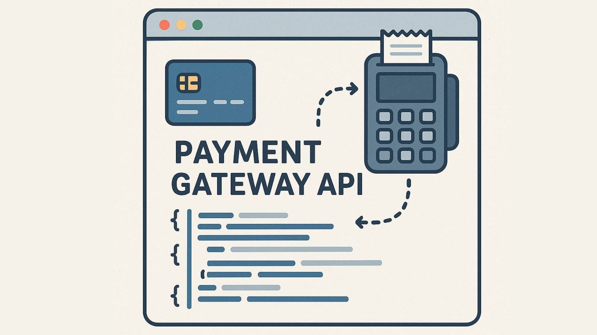 Illustration of a payment gateway API showing a credit card, payment terminal, and code snippet inside a browser window.