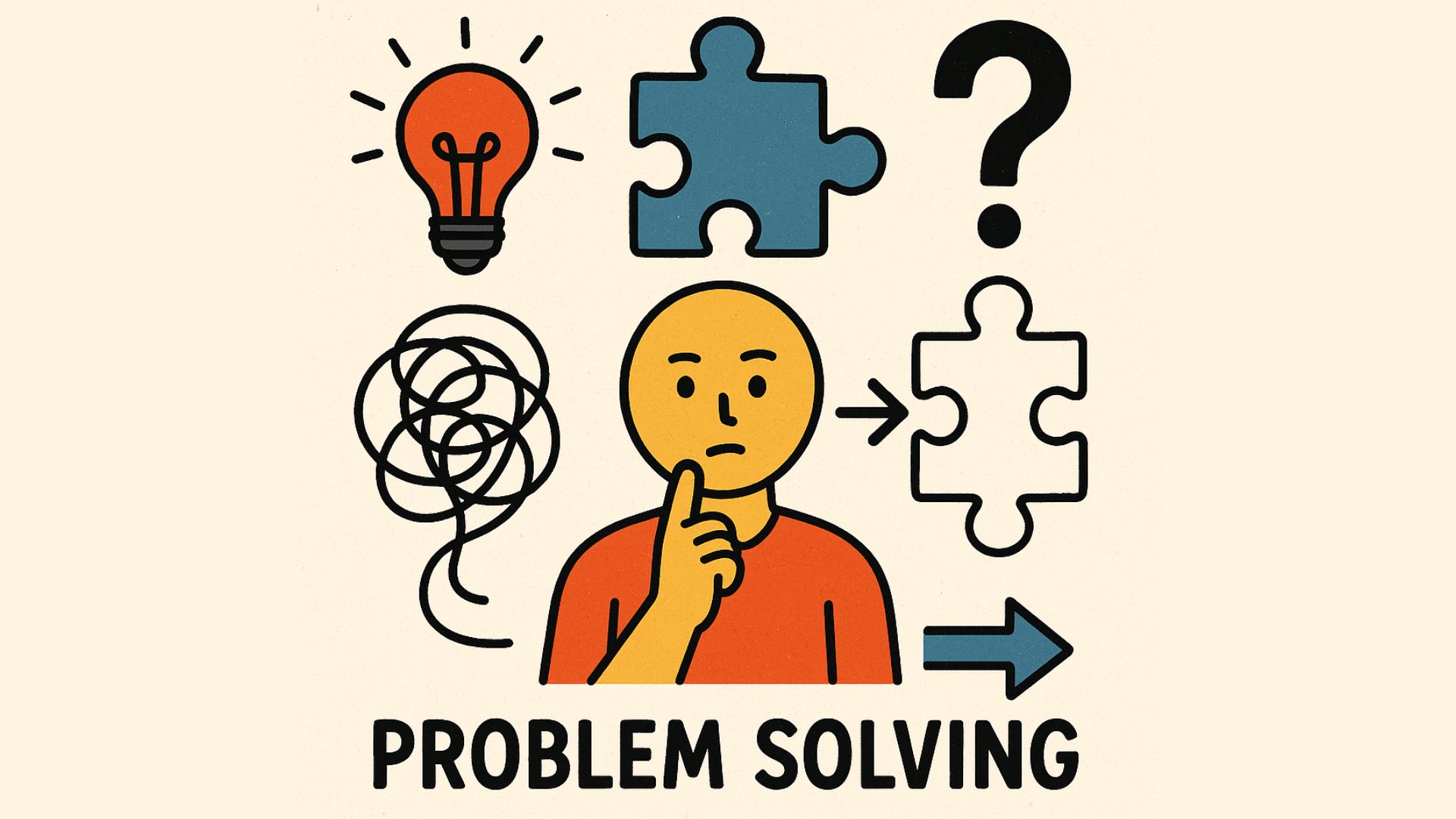 Illustration of a person thinking through problem solving, with icons of a light bulb, puzzle pieces, question mark, arrows, and tangled thoughts, representing analysing issues and finding solutions.