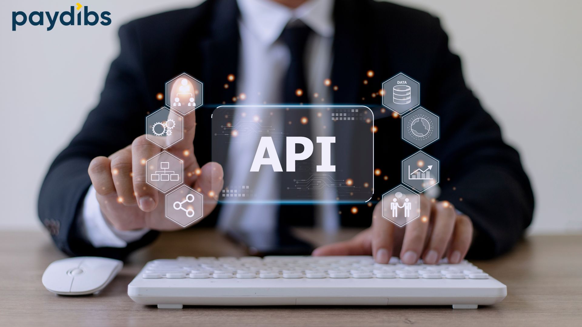 A illustration image by Paydibs of business man intended to touch click on "payment gateway API" of his screen.