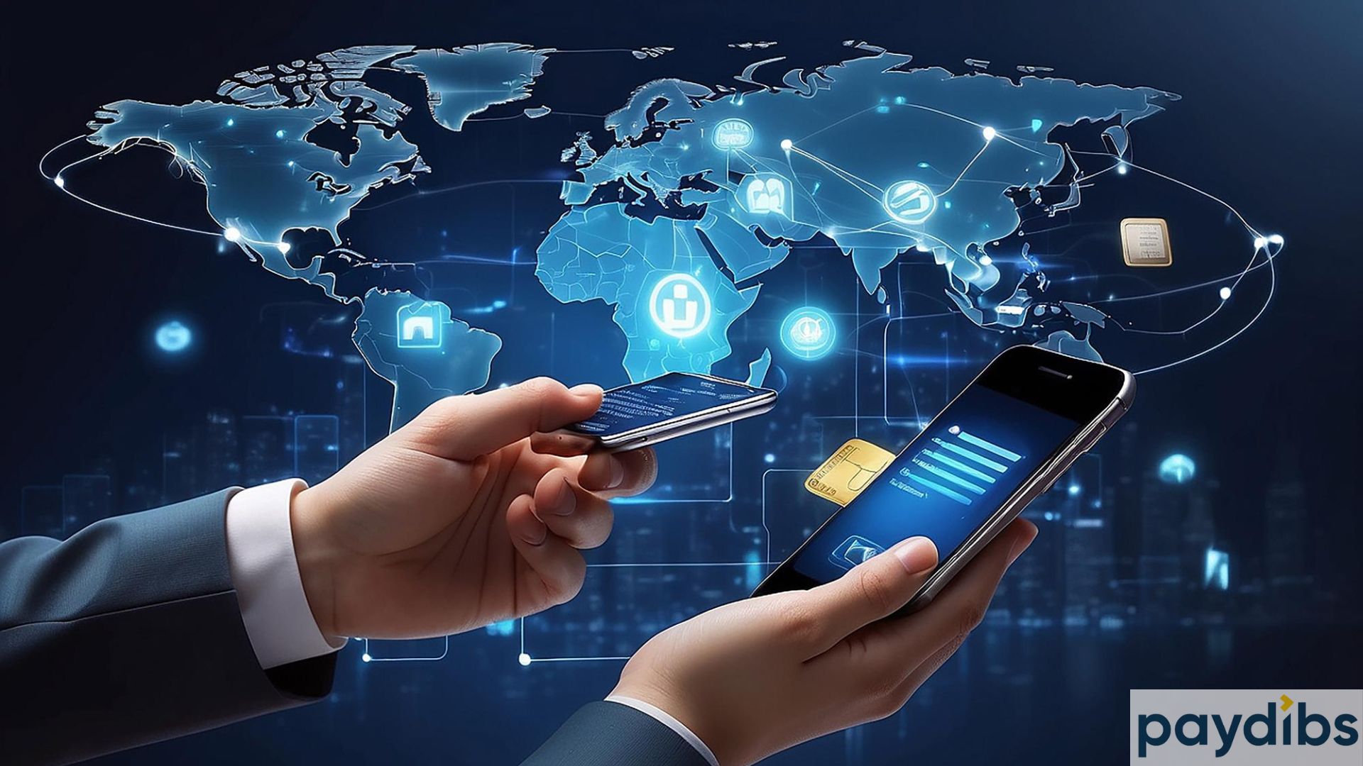 People holding cards and mobile phone, background image is world map