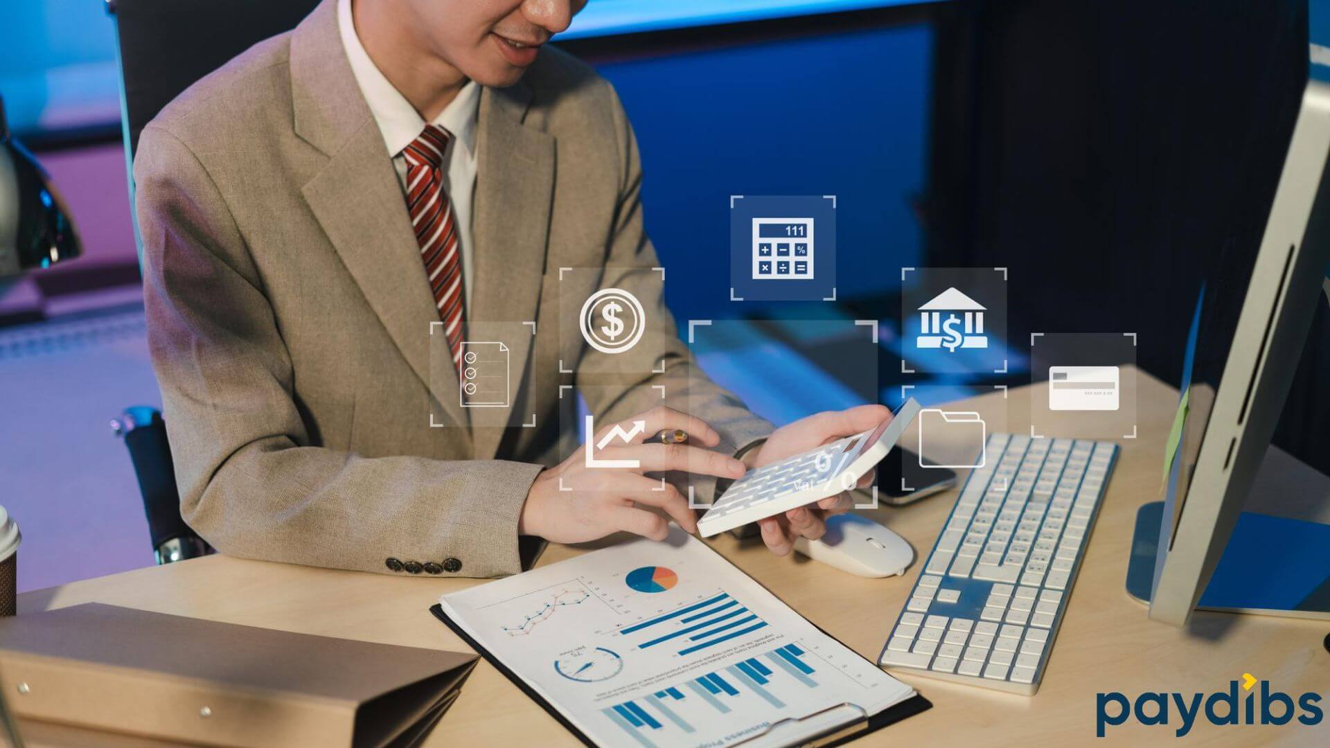 Businessman working in payment infrastructure using calculator to calculate