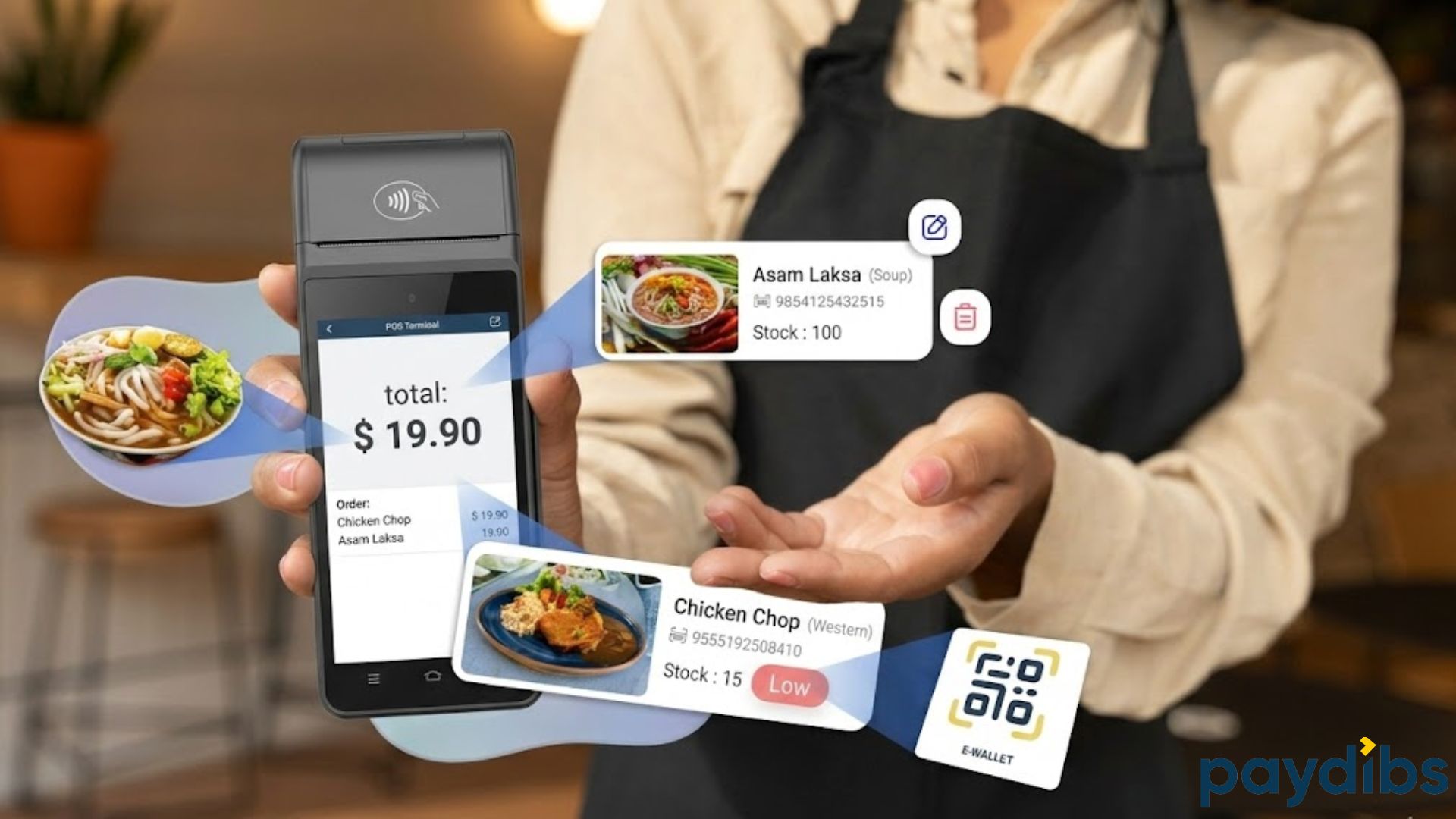 A waitress handling the Paydibs mini pos terminal to show the total bill and items ordered for customer to make payment.