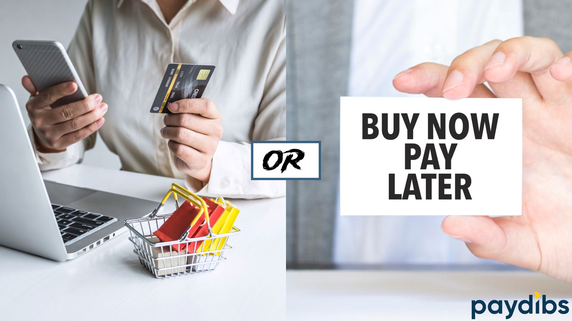 Split screen of payment using card to terminal or buy now pay later