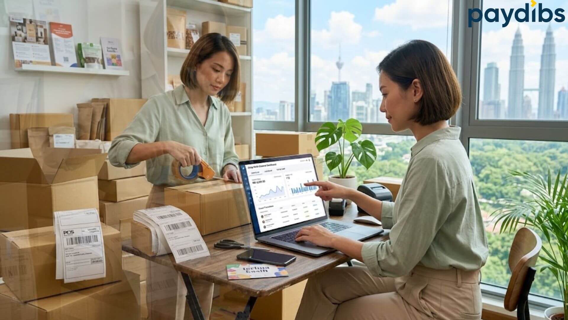 Entrepreneur starting an ecommerce business in Malaysia while managing online orders and packaging products.