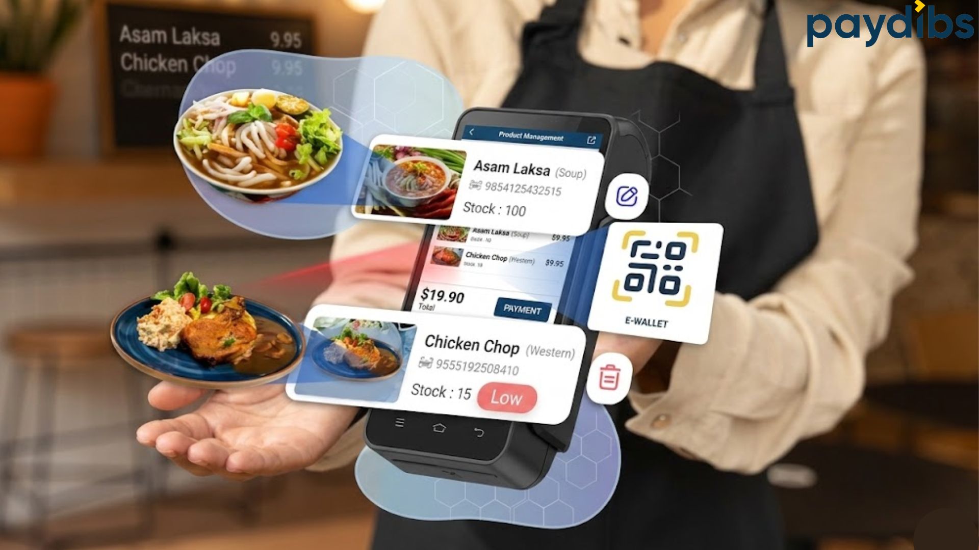 A Malaysian merchant using a portable Paydibs Mini POS terminal to manage orders and accept payments in a modern café.