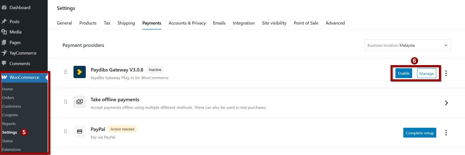 Enable payment gateway and manage in WooCoomerce admin dashboard.