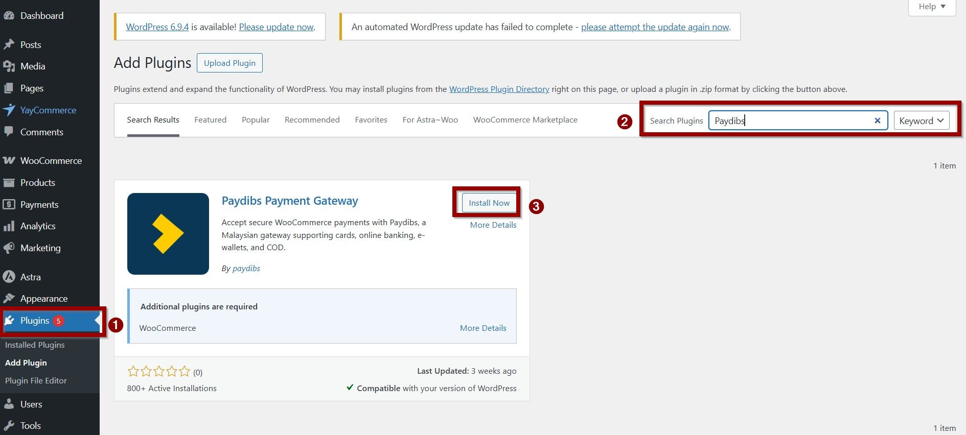 Search and install Paydibs WooCommerce payment gateway in WordPress.