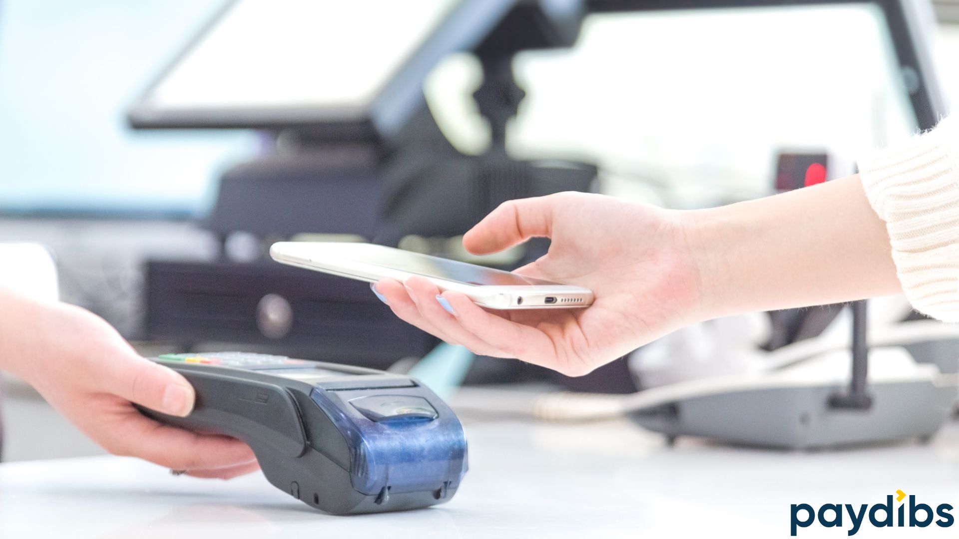 Customer paying using mobile to payment terminal, which is a part of payment processing systems