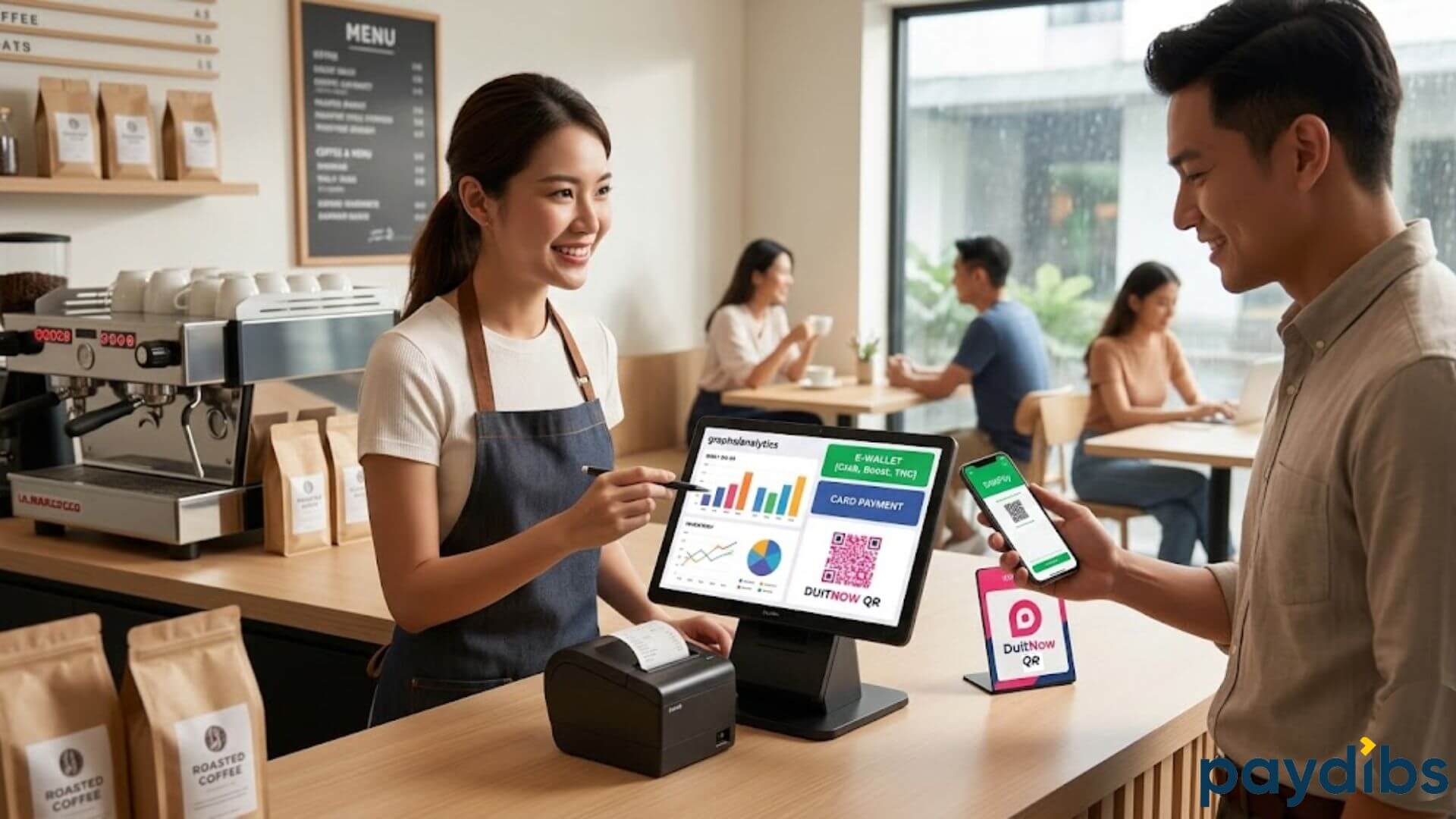 A business owner using the Paydibs Mini POS terminal in a café to process a transaction. The screen displays a dynamic DuitNow QR code and real-time sales data, highlighting the seamless integration of payment methods and business management tools. The scene portrays the convenience and efficiency of modern POS systems for small businesses.