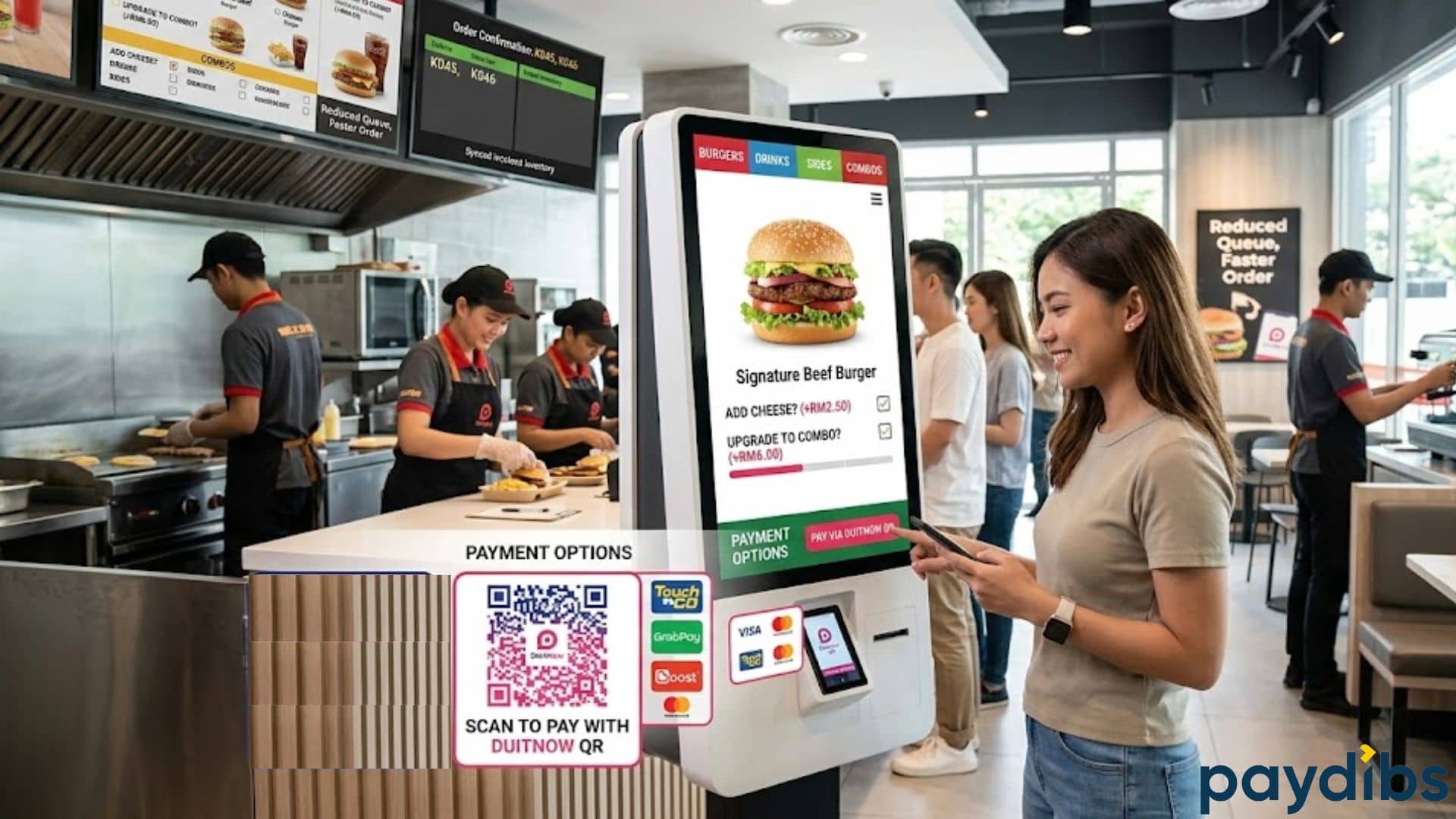 Customer using a modern self-service kiosk machine in a Malaysian restaurant. The touchscreen displays a digital menu and DuitNow QR payment option, while staff prepare orders in the background. The scene highlights improved efficiency and streamlined ordering with integrated payment technology.