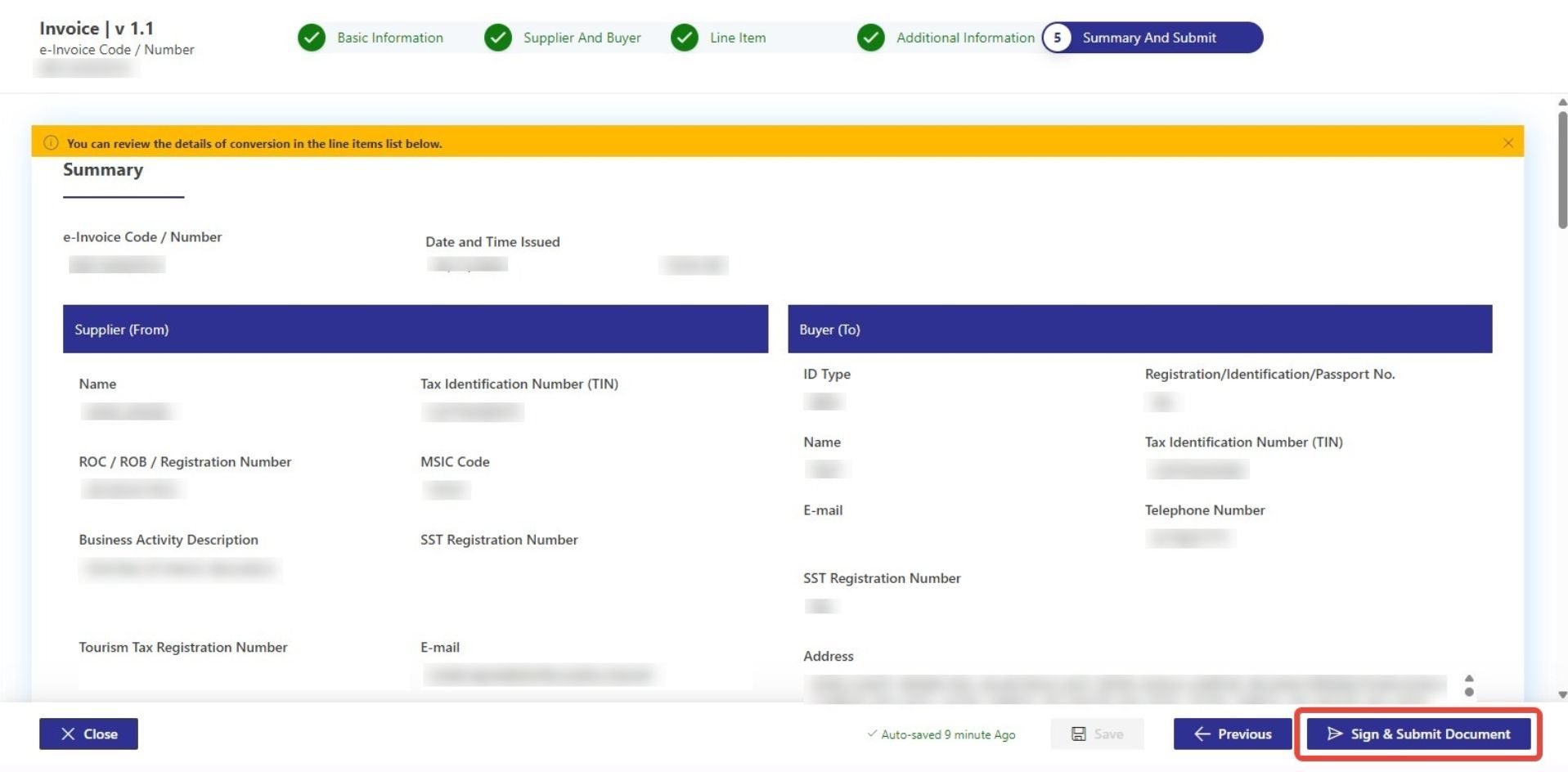 Last step before submitting consolidated einvoice, review details, sign and submit