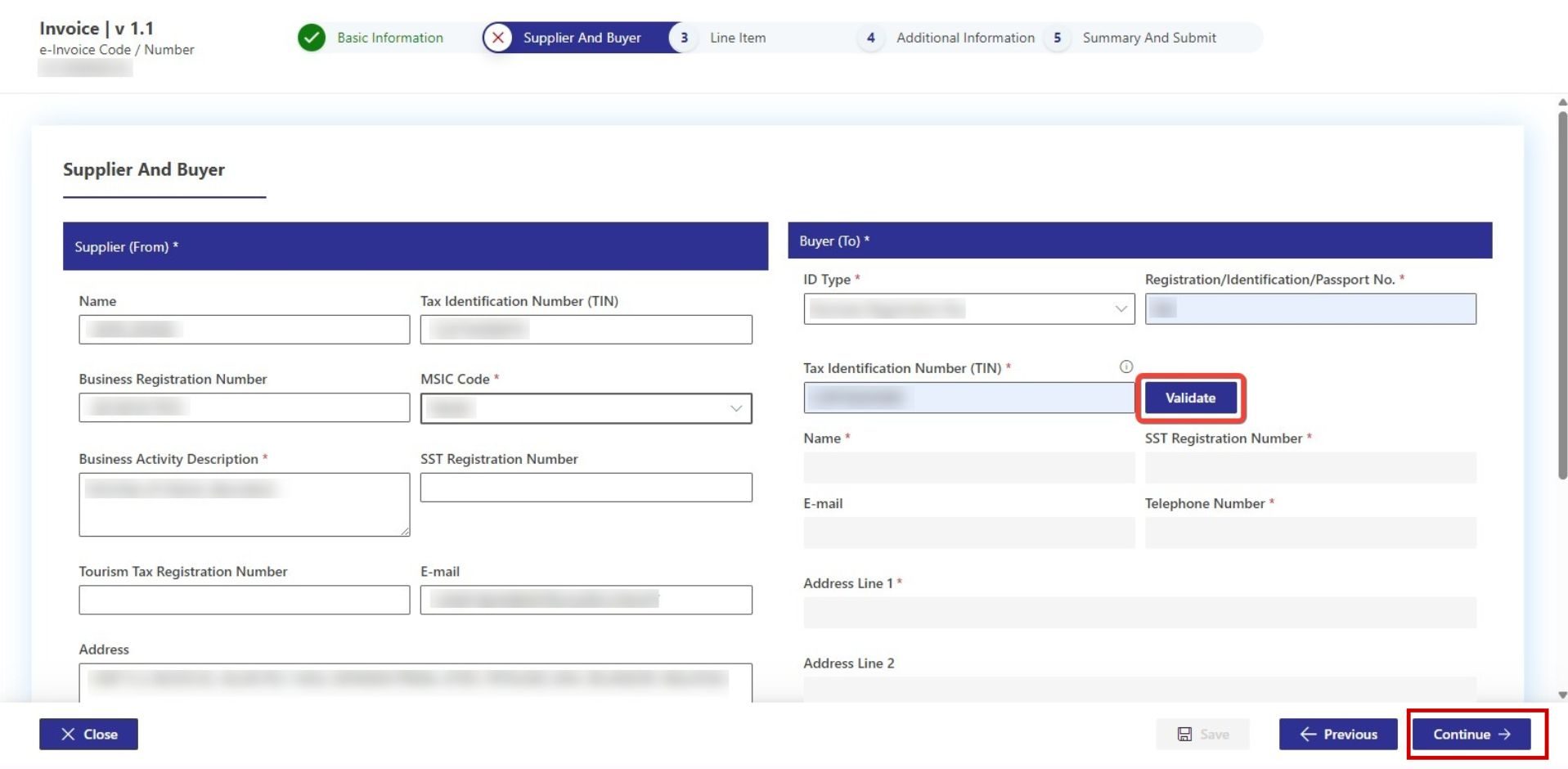 Step 2 for submitting consolidated eInvoice in MyInvois Portal is enter the supplier and buyer profiles