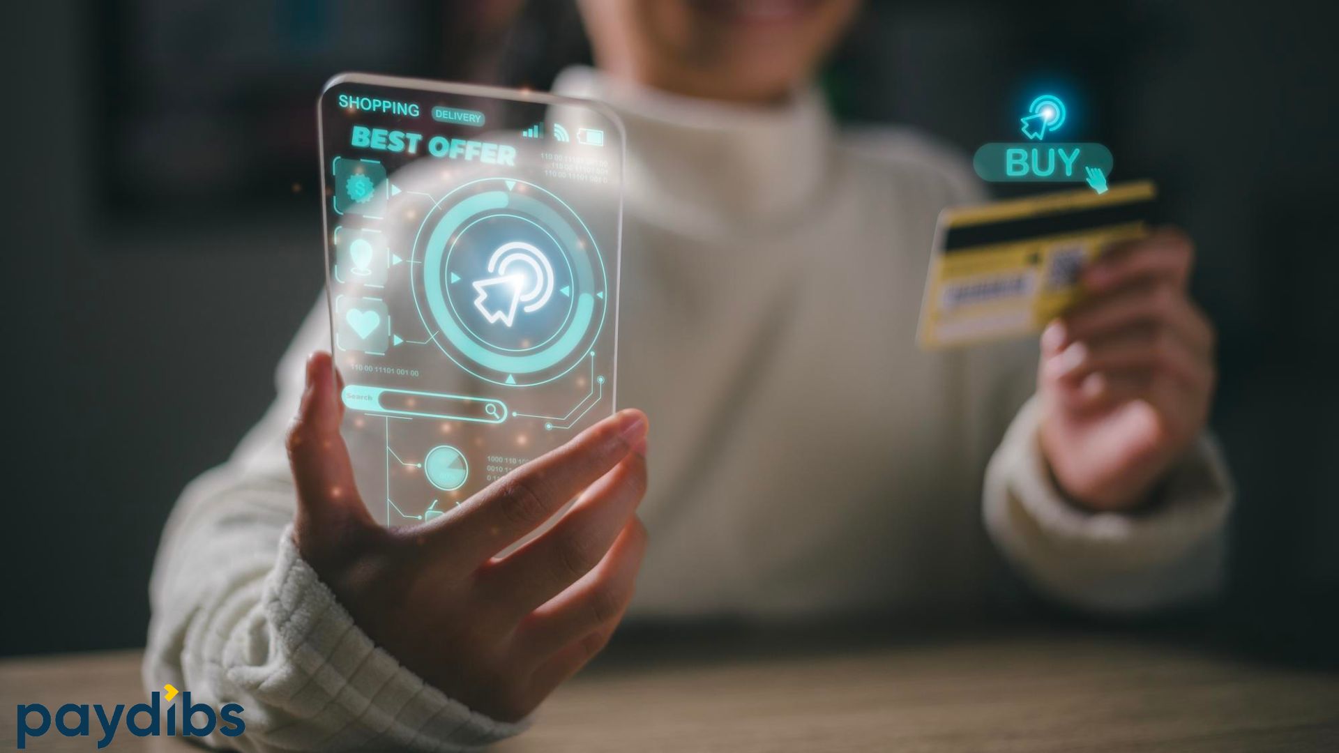 Shopping online payment concept woman hand on futuristic virtual AI interface screen with cart delivery icon banking and online shopping via banking mobile app