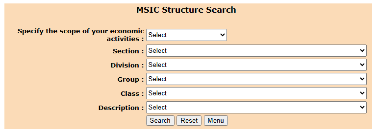 使用 MSIC 结构搜索方式的 DOSM MSIC 搜索页面截图