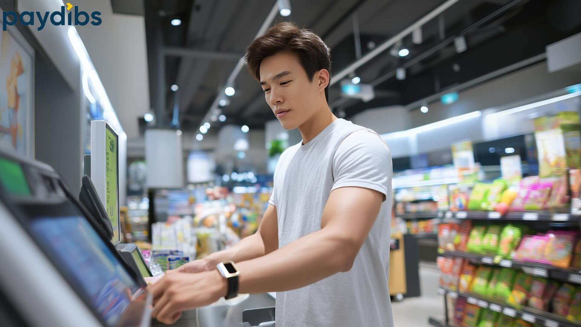 Young man using self checkout counter and grocery store